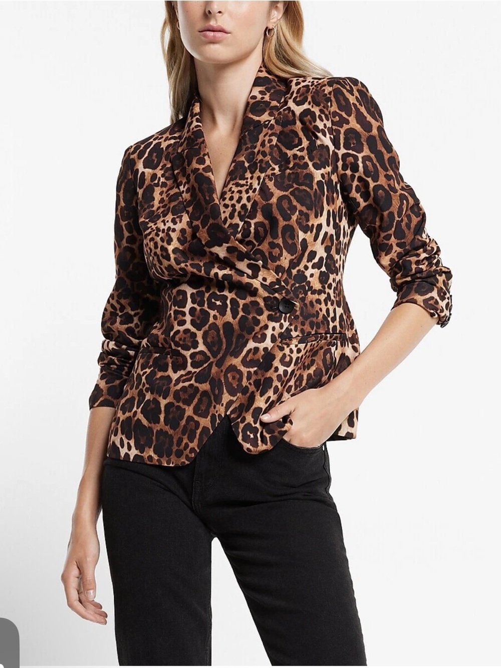 Express NWT leopard print peak label double breasted wrap front blazer